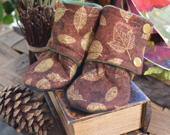 Golden Leaves Stay On Baby Booties: Handmade Cotton Fleece Soft Soled Shoes, October fall