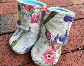 Literature Inspired Floral Baby Booties, Stay On, Colorful Floral, boutique, lavender, butterfly, spring