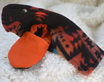 Handmade Stay On Baby Booties: Burnt Orange Aztec Cotton Fleece