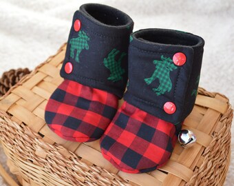 Buffalo Plaid Baby Booties: Handmade Cotton Fleece Moose Cabin Shoes