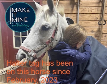 May include: A gray horse wearing a halter with the name "FRISBEE" on it. The horse is being embraced by a person wearing a blue jacket. The image includes the text "MAKE IT MINE embroidery" and "Halter tag has been on this horse since February, 2023."