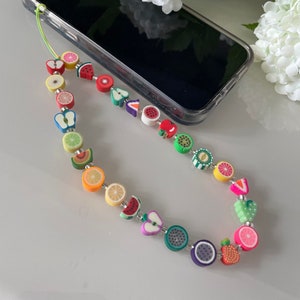 Fruity Phone Keychain - Beaded Wristlet - Concert Accessory - Phone Safety Chain - Polymer Clay - New:  Multi Colour, Green or Pink Fruits