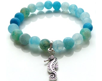 Blue Crackle Frosted Agate Gemstone Bracelet & Seahorse Charm Silver-Plated Surfer
