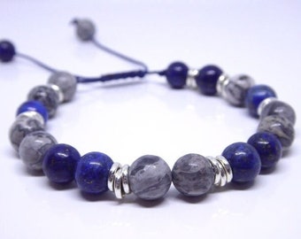 Lapis Lazuli and Grey Jasper Gemstone Bead Hand-knotted Macrame Slide Knot Bracelet Unisex Gift Bag Christmas Birthday