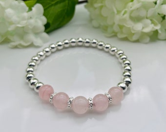 Natural Rose Pink Quartz Gemstone 8mm Bead Bracelet with Silver Plated Dotty Rondelles and 6mm Silver Plated Balls
