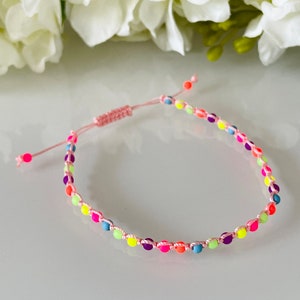 Neon Seed Bead Macrame Festival Friendship Bracelet / Anklet - Surf Woven Knotted Nylon Cord - Summer Fun !