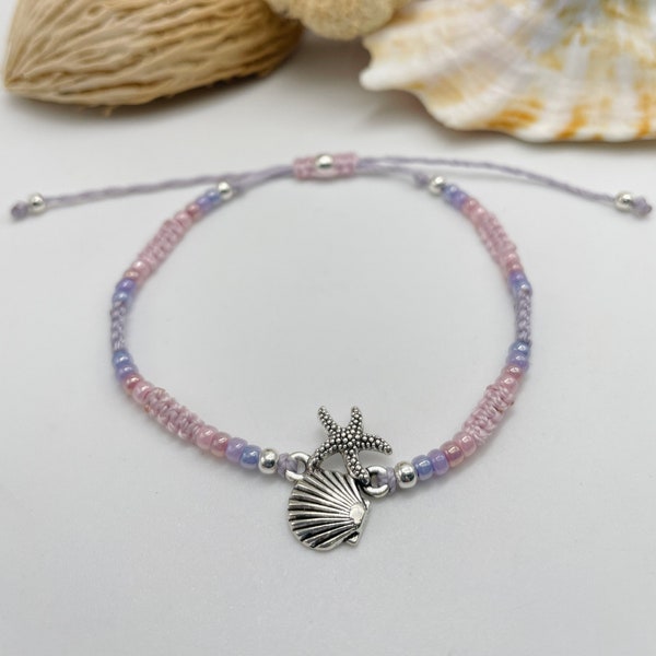 Shell and Starfish Charm and Japanese Toho Seed Bead Macrame Adjustable Friendship Bracelet - Woven Knotted Nylon Cord - Pink and Purple