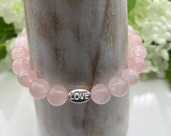 Natural Rose Pink Quartz Gemstone 8mm Bead Bracelet with Silver Plated LOVE Bead Valentines Gift Present