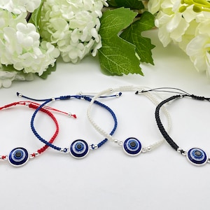 Evil Eye Protection Charm Macrame Adjustable Friendship Bracelet - Woven Knotted Simple Nylon Cord - Choice of Colour