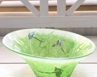 Glass Bowl, Colourful ‘Birds in Flight’, Strawsilk : Christmas, wedding, birthday, anniversary