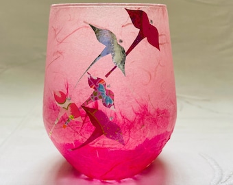 Glass Tealight Holder with Pink and gold threads : birthday, wedding, Christmas