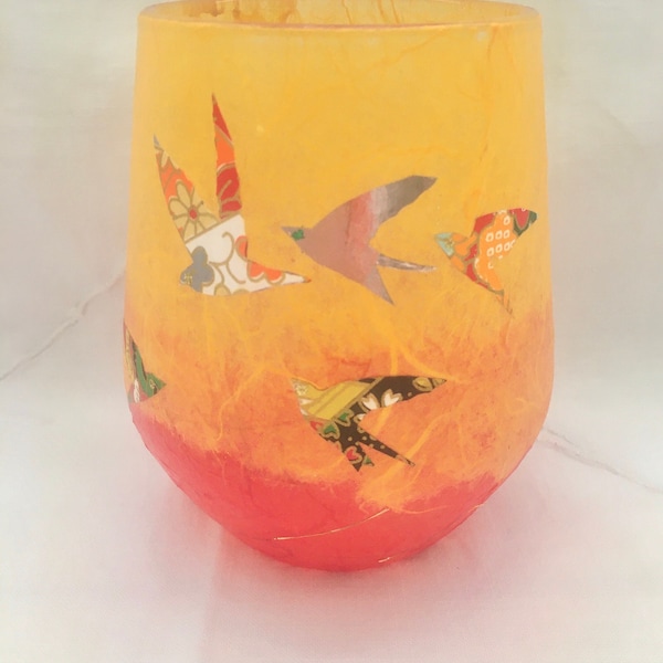 Glass Tealight Holder, Birds, Strawsilk : birthday, wedding, housewarming, anniversary