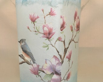 Glass Lamp, Birds, Magnolia, Strawsilk : Christmas, birthday, wedding, anniversary, housewarming