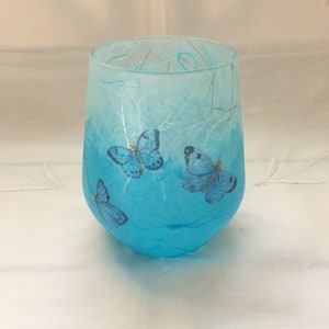 Glass Tealight Holder, Strawsilk, Blue, Butterflies : Christmas, wedding, birthday, housewarming image 5