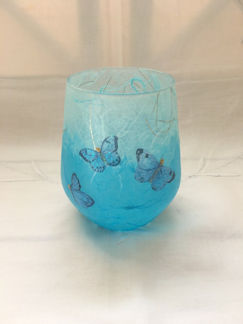 Glass Tealight Holder, Strawsilk, Blue, Butterflies : Christmas, wedding, birthday, housewarming image 5