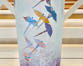 Birds in Flight, strawsilk, glass vase colourful birds,