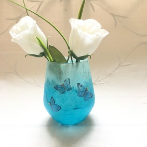 Glass Tealight Holder, Strawsilk, Blue, Butterflies : Christmas, wedding, birthday, housewarming image 7