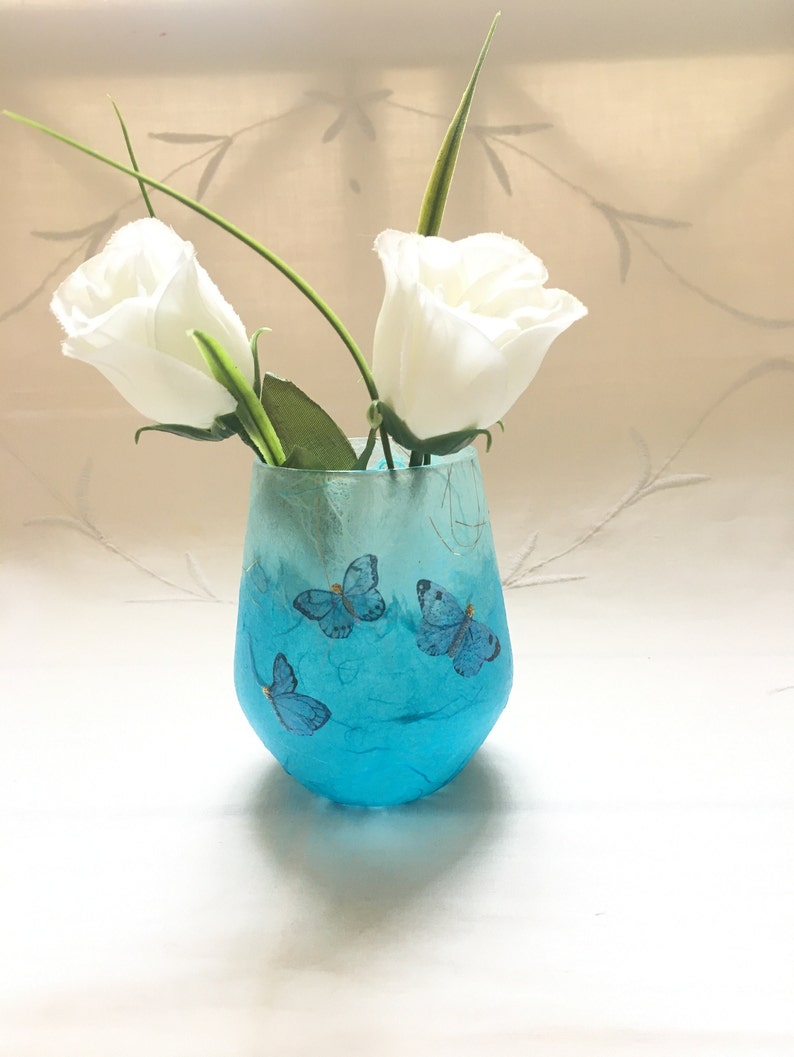 Glass Tealight Holder, Strawsilk, Blue, Butterflies : Christmas, wedding, birthday, housewarming image 7