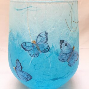 Glass Tealight Holder, Strawsilk, Blue, Butterflies : Christmas, wedding, birthday, housewarming image 2