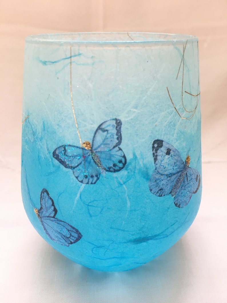 Glass Tealight Holder, Strawsilk, Blue, Butterflies : Christmas, wedding, birthday, housewarming image 2