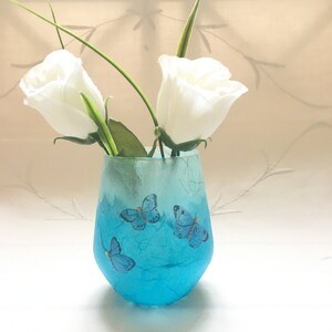 Glass Tealight Holder, Strawsilk, Blue, Butterflies : Christmas, wedding, birthday, housewarming image 3