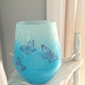 Glass Tealight Holder, Strawsilk, Blue, Butterflies : Christmas, wedding, birthday, housewarming image 10