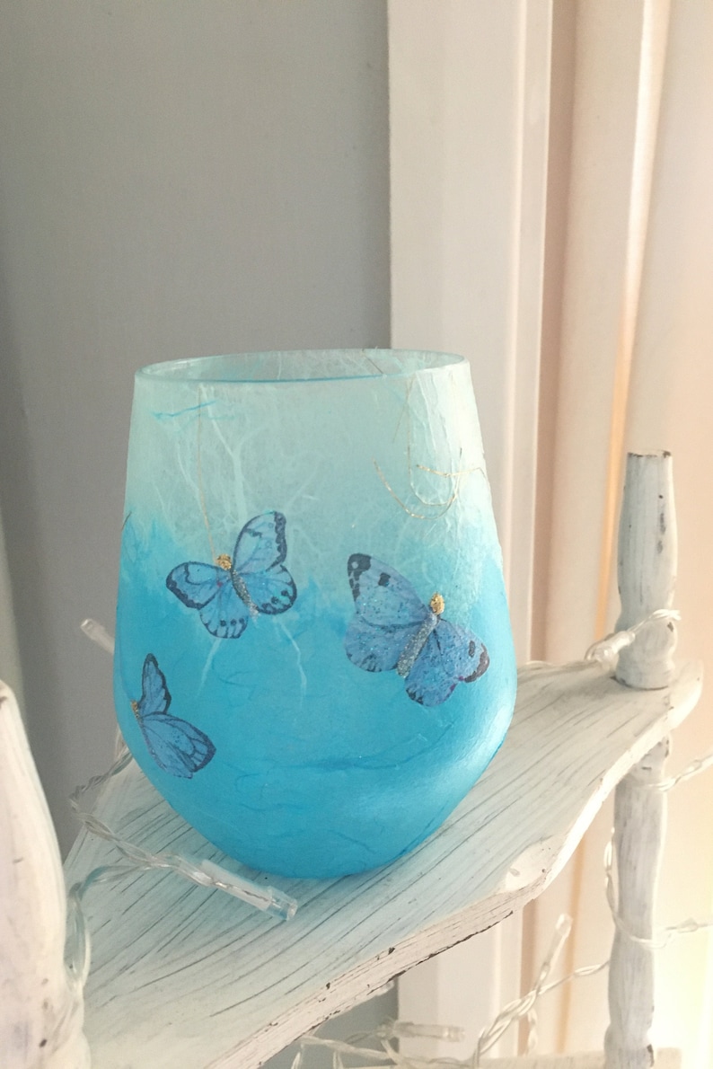 Glass Tealight Holder, Strawsilk, Blue, Butterflies : Christmas, wedding, birthday, housewarming image 10