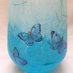 Glass Tealight Holder, Strawsilk, Blue, Butterflies : Christmas, wedding, birthday, housewarming image 6