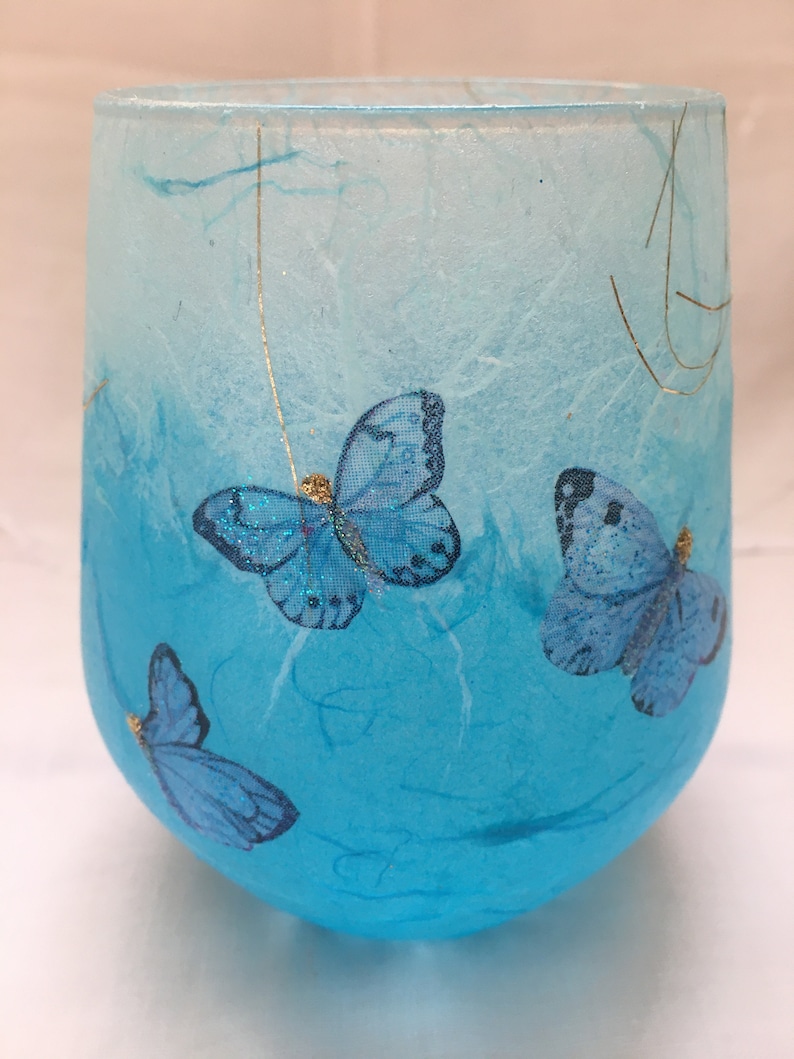 Glass Tealight Holder, Strawsilk, Blue, Butterflies : Christmas, wedding, birthday, housewarming image 6