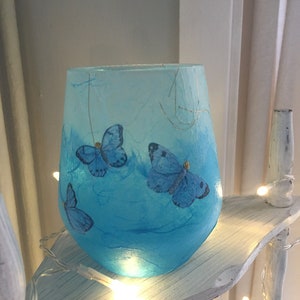 Glass Tealight Holder, Strawsilk, Blue, Butterflies : Christmas, wedding, birthday, housewarming image 9