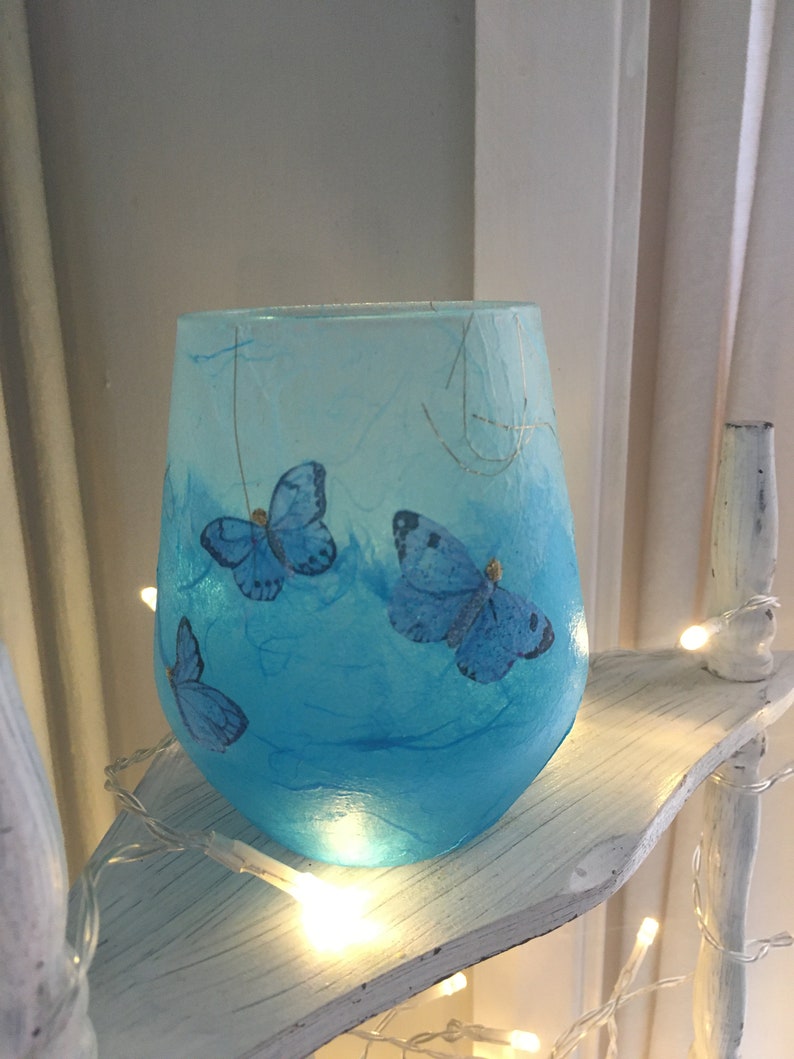 Glass Tealight Holder, Strawsilk, Blue, Butterflies : Christmas, wedding, birthday, housewarming image 9