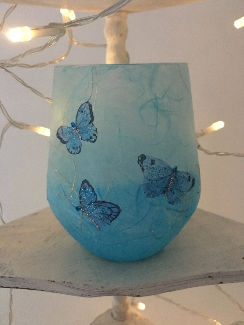 Glass Tealight Holder, Strawsilk, Blue, Butterflies : Christmas, wedding, birthday, housewarming image 4