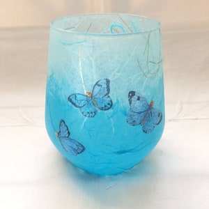 Glass Tealight Holder, Strawsilk, Blue, Butterflies : Christmas, wedding, birthday, housewarming image 1