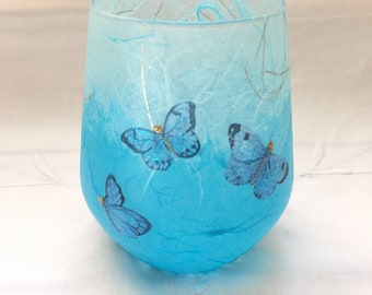 Glass Tealight Holder, Strawsilk, Blue, Butterflies : Christmas, wedding, birthday, housewarming