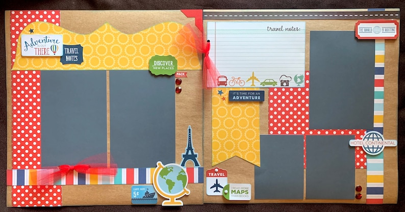 May include: A scrapbook layout with a travel theme. The layout features a brown background with red, yellow, and blue patterned paper. The layout includes a globe, a hot air balloon, a plane, and a car. The text "Adventure There" and "Travel Notes" is included in the layout.