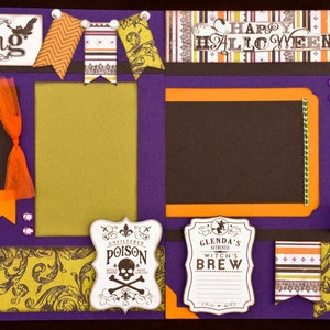 May include: Purple scrapbook paper with a Halloween theme. The paper has a variety of images, including bats, pumpkins, and witches. The paper also has the words "Happy Halloween" and "Thrilling" written on it.