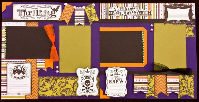 May include: Purple scrapbook paper with a Halloween theme. The paper has a variety of images, including bats, pumpkins, and witches. The paper also has the words "Happy Halloween" and "Thrilling" written on it.