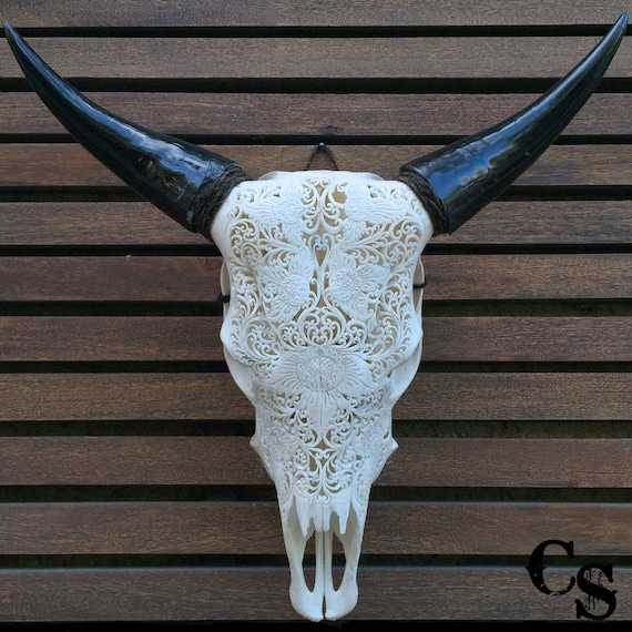 real carved cow skull head flower design bull skull steer etsy