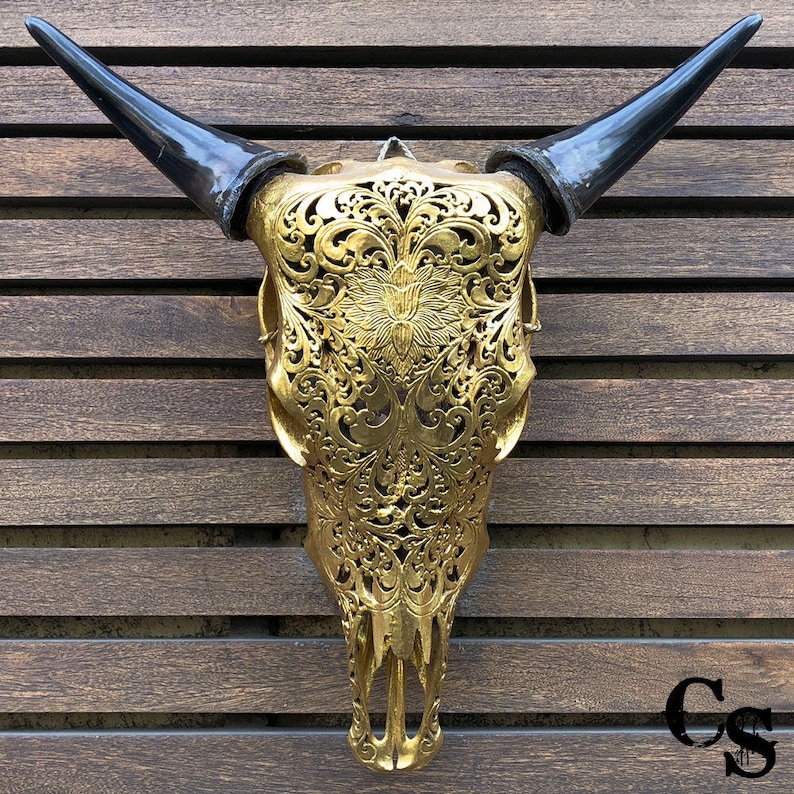 REAL HAND CARVED Lotus Pretty RAM SKULL HORNS buffalo longhorns Bull Animal