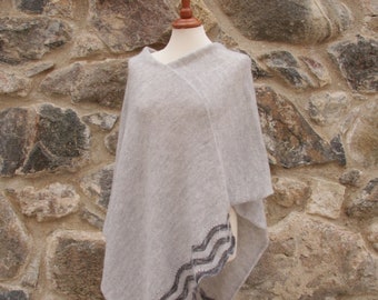 Light gray knitted mohair poncho, Asymmetrical wool poncho, Outerwear poncho, Bridal wrap, light gray lace poncho