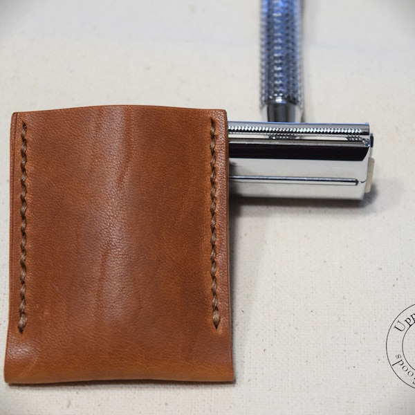 Leather Razor Cover Leather Razor Sheath Travel Case Safety Razor Dublin English Tan Leather Made in USA