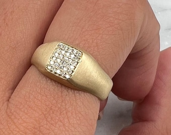 Signet Diamond Ring, Cocktail Ring, Men Signet Ring, Pave Ring, Fine Jewelry, 14K Gold Ring, Natural Diamond Ring, Pinky Ring For Women