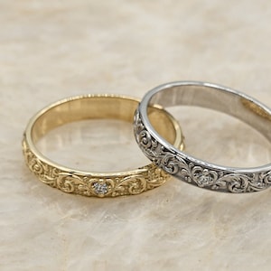 Antique Diamond Wedding Band, Vintage Edwardian Scroll Ring, Engraved Victorian Ring, Boho Wedding Ring for Women