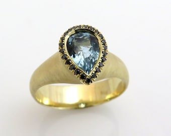 Gold Aquamarine Ring, Black Diamond Ring, Multi Stone Ring, Pear Shaped Engagement Ring, Halo cocktail Ring, 14K Solid Gold Gemstone Ring