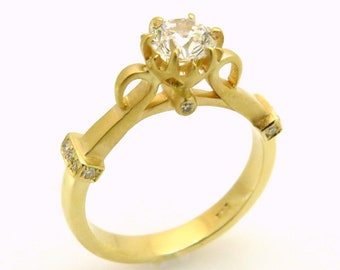 14k Multi Diamond Engagement Ring, Victorian Art Nouveau Style in Rose, White and Yellow Gold