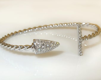 18k Solid White Gold Diamond Cuff Bracelet: Bridal Twisted Open Pave Bangle