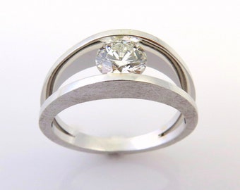 Unique Moissanite Ring, Modern Engagement Ring, White Gold Engagement Ring, Gem Tension Ring, Solid Gold Ring, Post Modern Ring, 14k, 18k