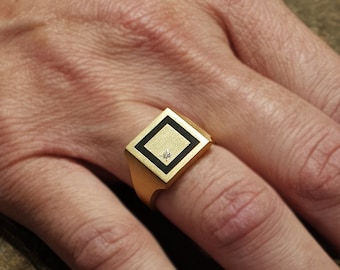 Zegelring voor mannen, vierkante zegelring, zwarte en gouden ring, statement gouden ring, 14k pinkring, 18k gouden ring, moderne ring voor mannen, massief