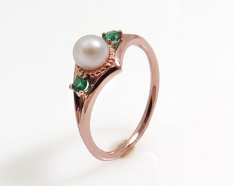14k Rose Gold Pearl Engagement Ring, Emerald Art Deco Ring, Vintage Style Promise Ring, Multi Stone Ring