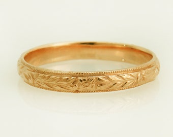 Floral Wedding Band, Antique Style Wedding Ring, Pattern Band, Engraved Ring, Unisex Gold Band,Vintage Style Wedding Ring, Thin Ring, 14/18K